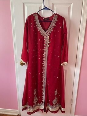 Women’s 3pc Red Pakistani Anarkali Desi Suit Party Dress Wedding Wear Size Large